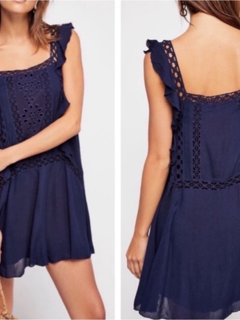 Free People Navy Blue Crochet Trim Mini Dress
